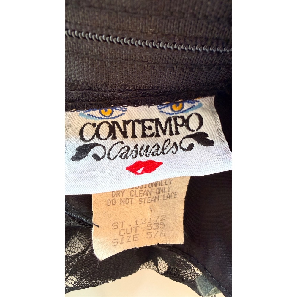 Contempo Casuals Vintage 80s Black Lace Taffeta Bow Dress Sz S Goth Whimsigoth - Picture 4 of 14